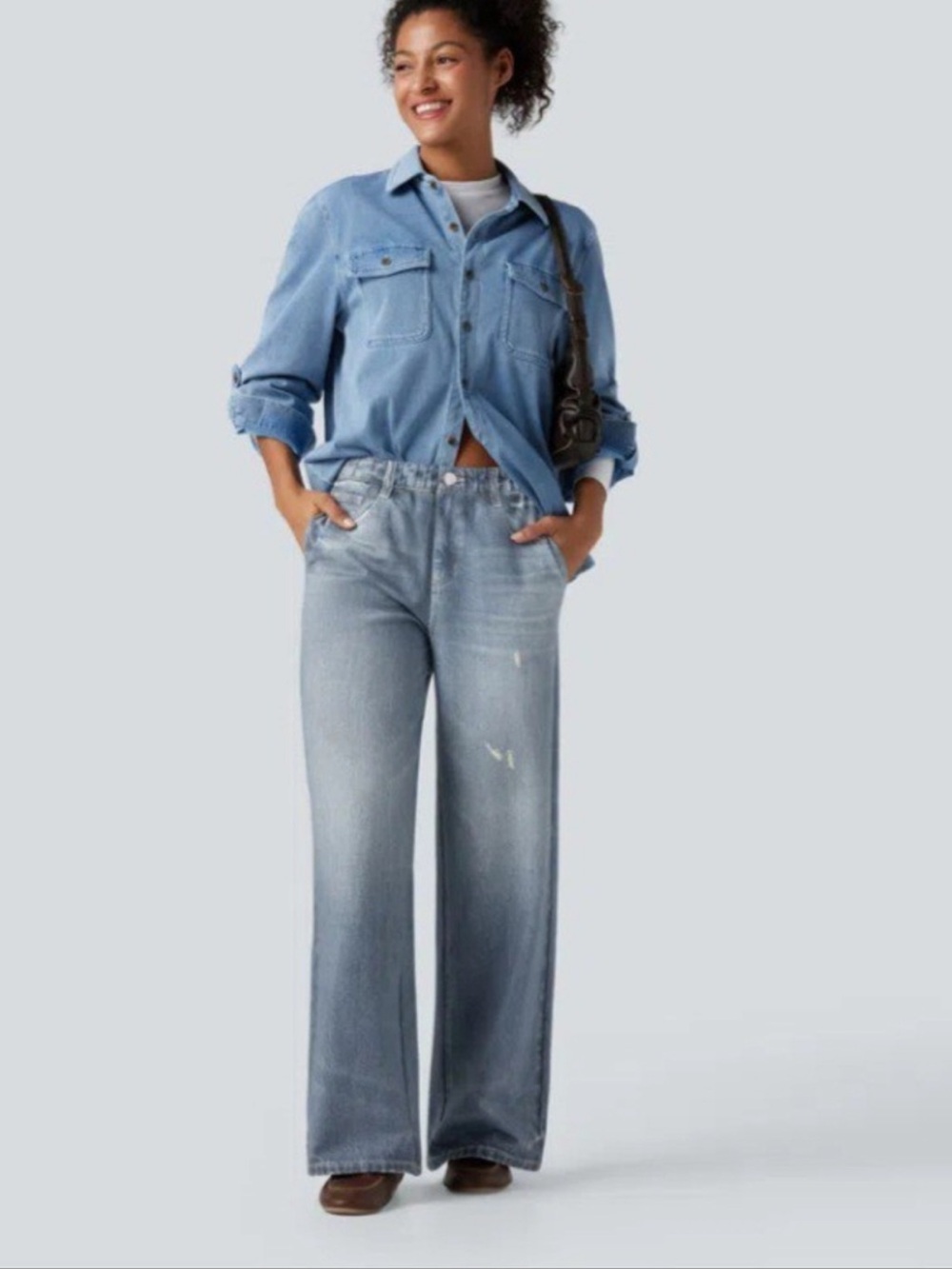 HALARA Mid Rise Denim Print French Terry Casual Sweatpants Jeans with Pockets M - Picture 5 of 9